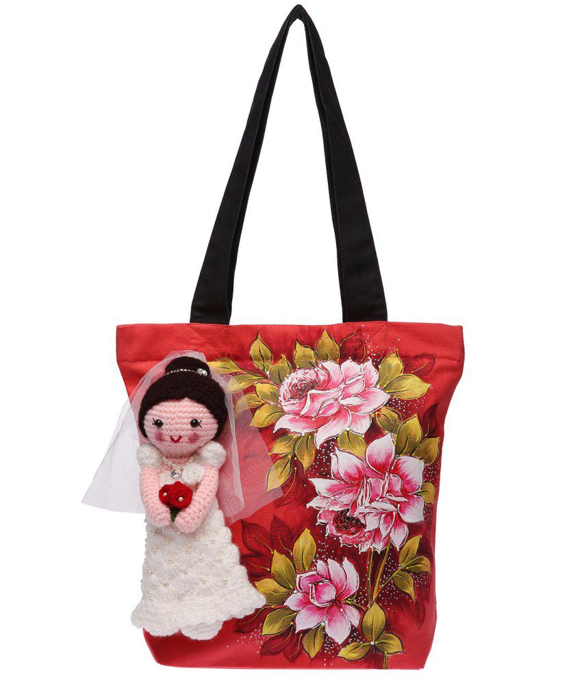 Pranil Designs Hand Painted Canvas Tote Bag With Crochet Doll