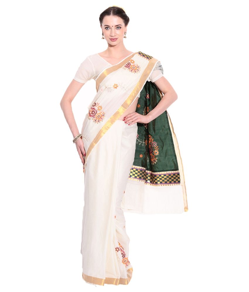 Fashion Kiosks White Kerala Kasavu Cotton Saree With Matching Blouse