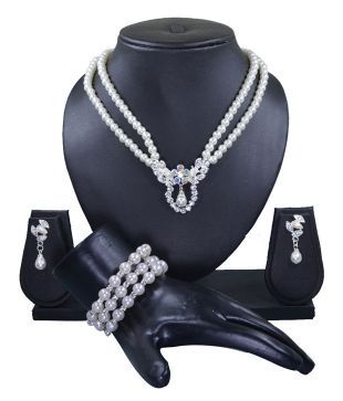 Diovanni Pearl Adorned CZ Glam Necklace Set With Bracelet