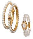 Oleva Pair of Fashionable Pearl Bangles & Pearl Watch Combo