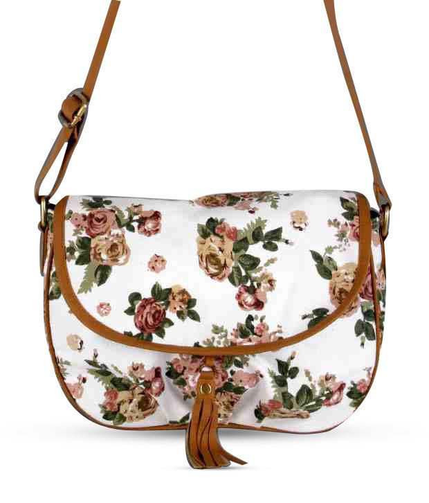 On Bags White & Brown Floral Print Sling Bag