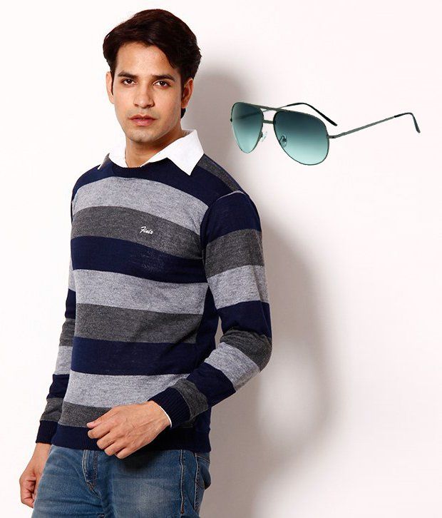Zion Grey-Navy Striped Sweater With Free Aviator Sunglasses @ 578
