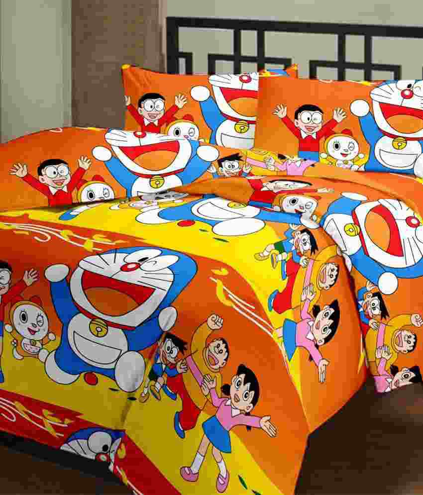 Cartoon Prints Doraemon Double Bed Sheet Set With 2 Blankets