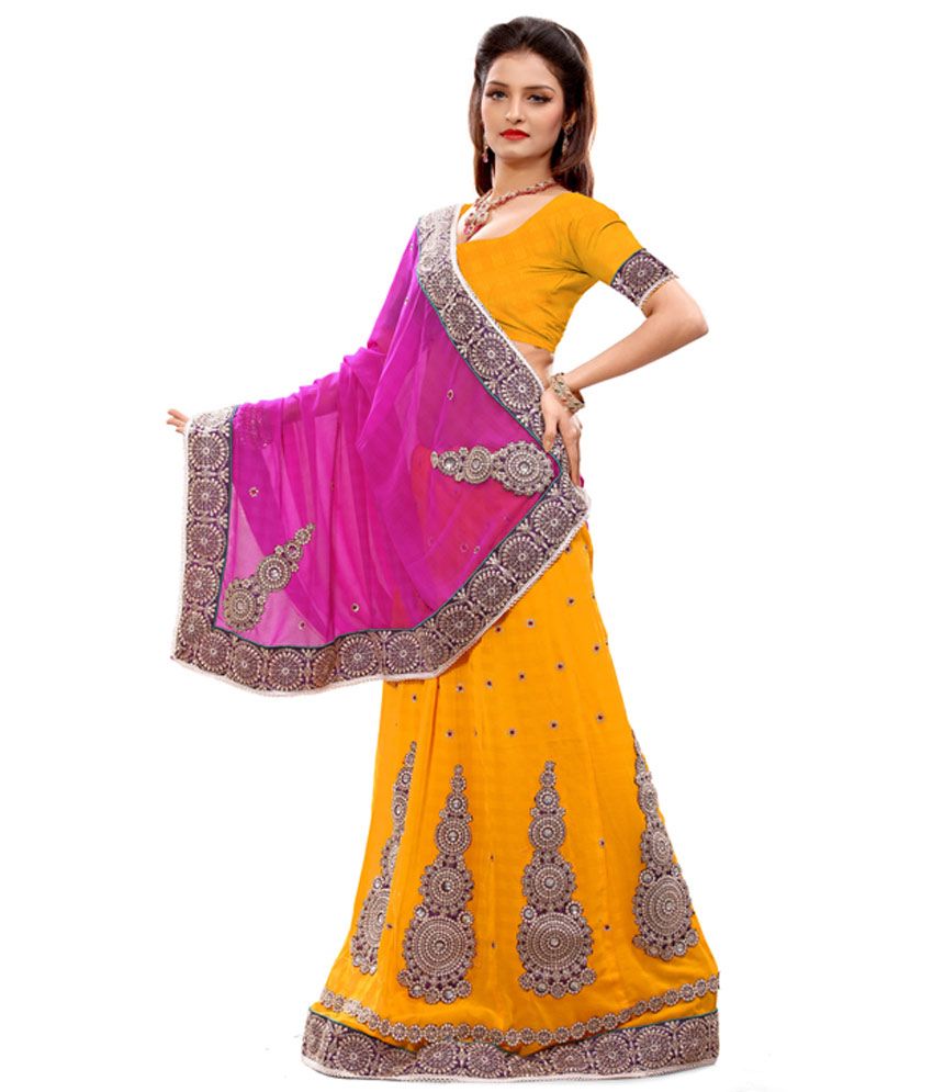 Saree Swarg Yellow Semi Chiffon Saree Buy Saree Swarg Yellow Semi