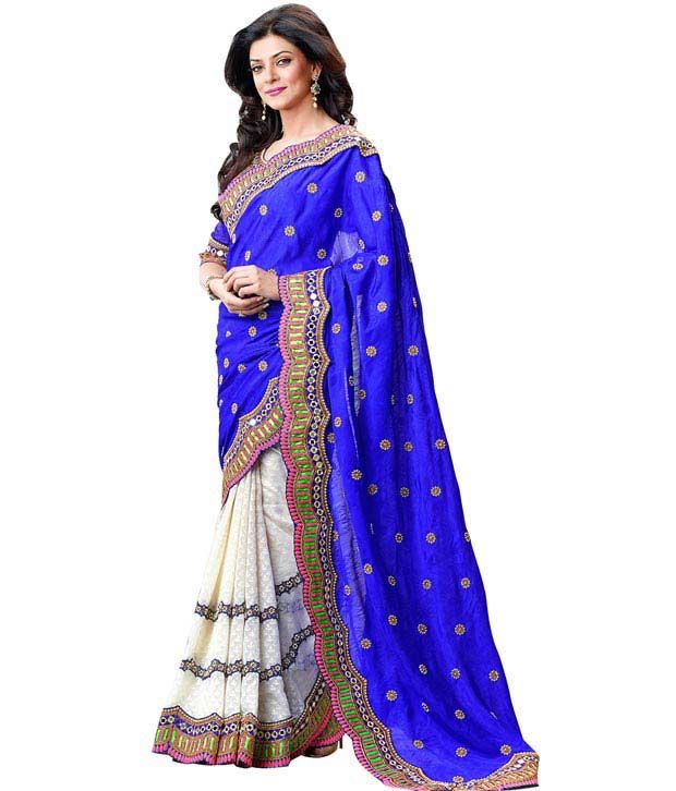 blue and off white saree