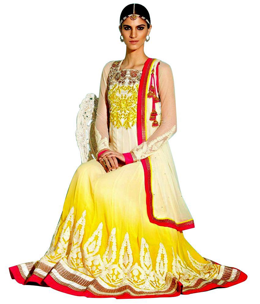 My Craft Hub Yellow Embroidered Pure Georgette Semi Stitched Anarkali  Salwar Suits