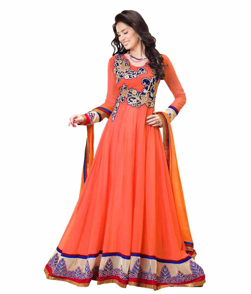 Riti Riwaz Orange Embroidered Pure Georgette Semi Stitched Anarkali Salwar Suits 