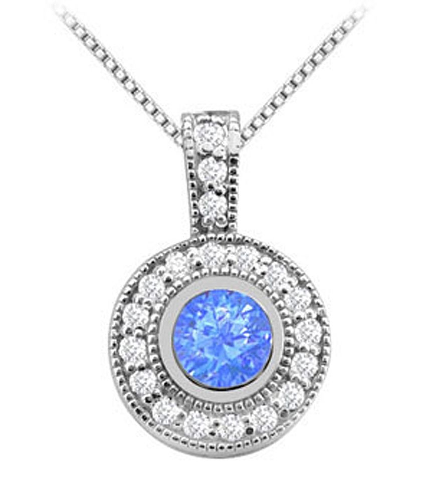 Bezel Set Round Diffuse Sapphire Pendant with Cubic Zirconia in White