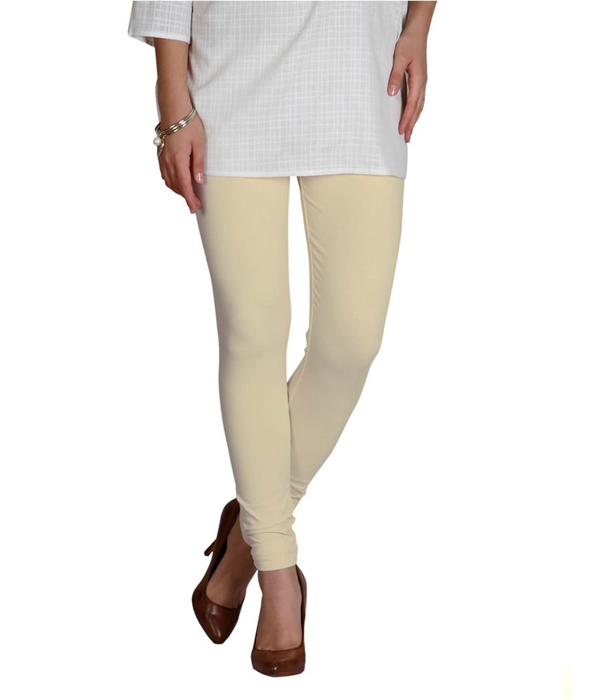 Cream Color Plain Cotton Leggings - Satrani Fashion - 2757924