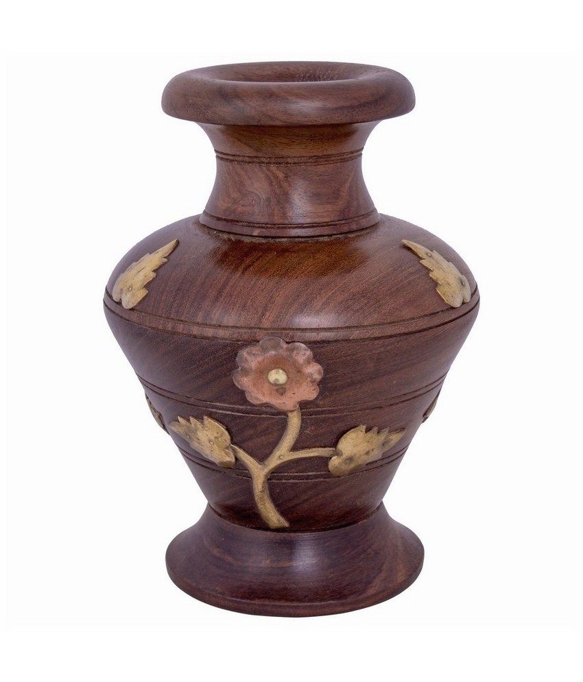 Craft Art India Handmade Wooden Flower Vase With Brass Carving For Home