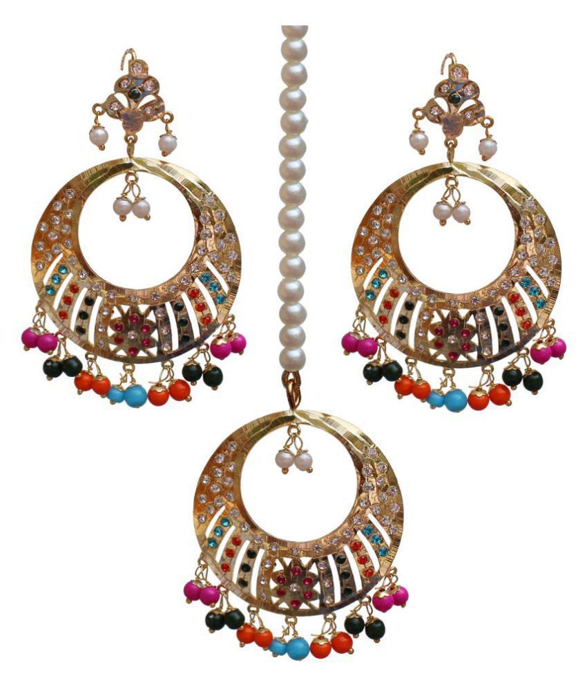 Lucky Jewellery Designer Multi Color Gold Plated Maang Tikka Set For