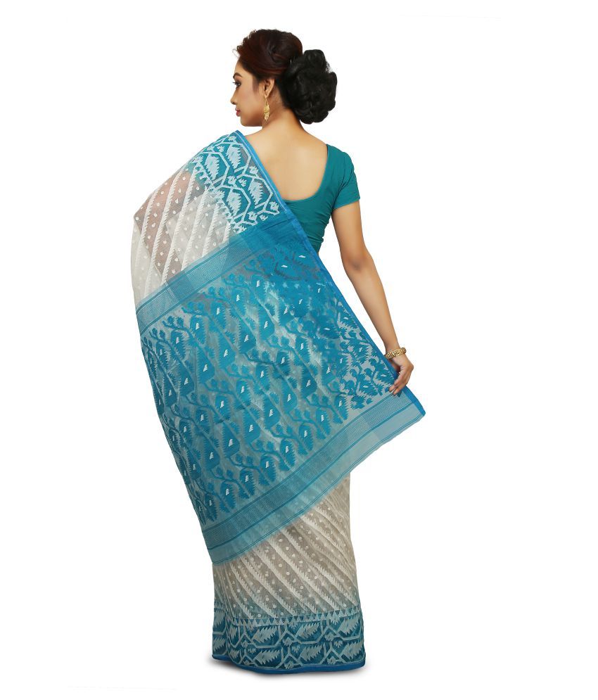 Wooden Tant Blue Cotton Silk Saree Buy Wooden Tant Blue Cotton Silk