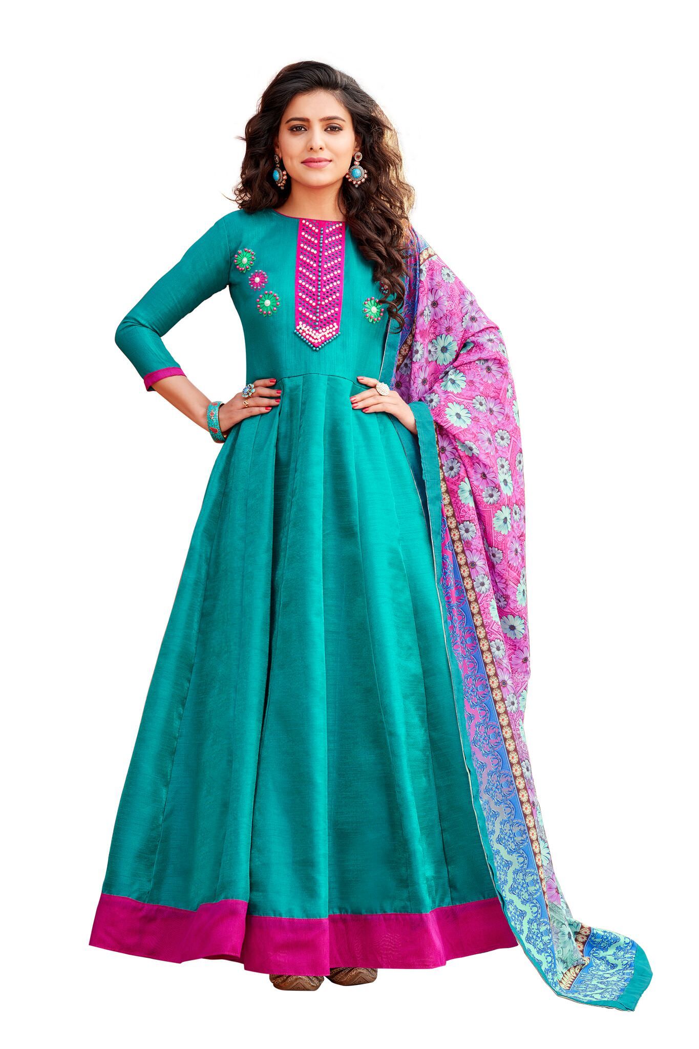 KAPANKU Green And Blue Satin Anarkali Gown Semi Stitched Suit Buy