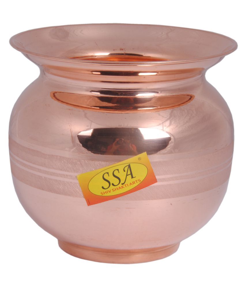 Handmade Pure Copper Kalash Lota Silver Touch Design With Lid Volume