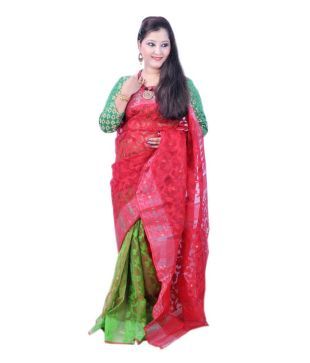 Dhakai Jamdani Half Half Red And Green Color All Over Body Self Work Soft Dhakai Saree Buy Dhakai Jamdani Half Half Red And Green Color All Over Body Self Work Soft Dhakai Saree Online At Low Price Snapdeal Com