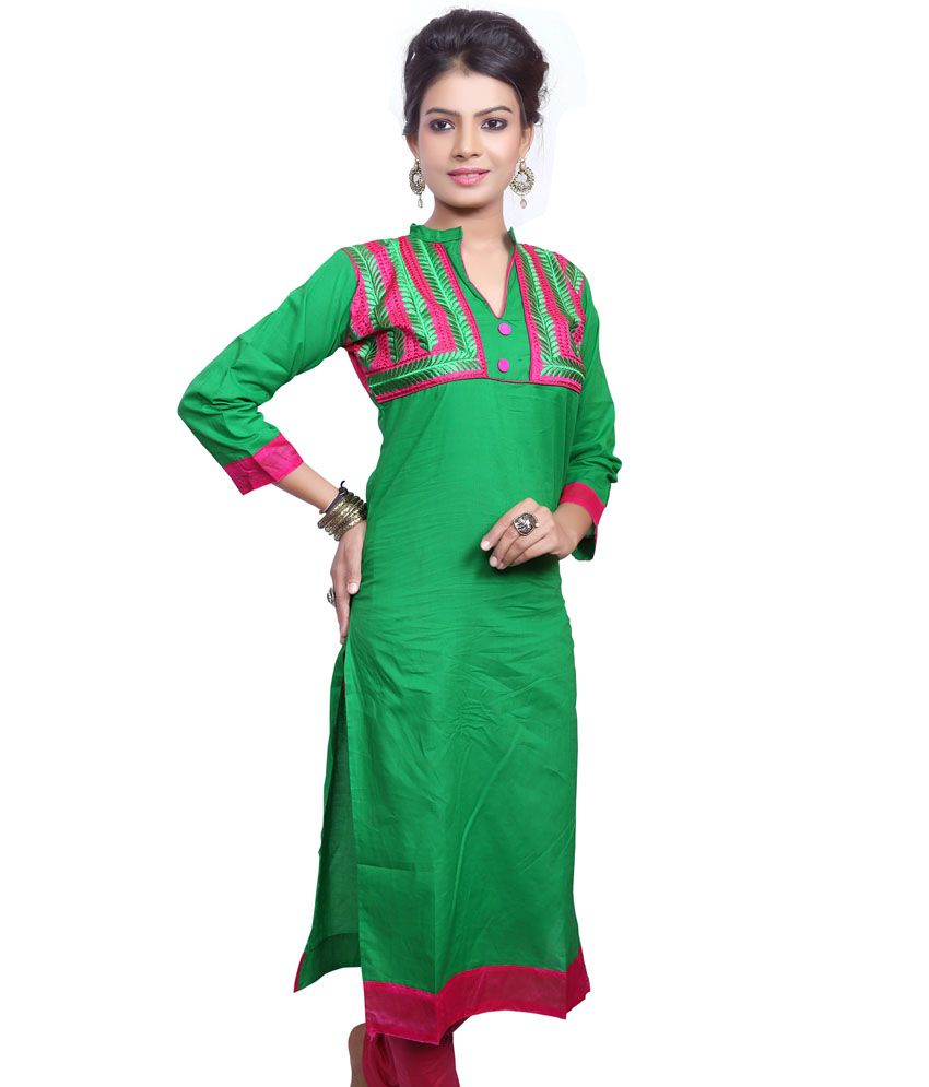 Roohi Green Cotton 3/4Th Sleeve Embroidered Kurti - Buy ...