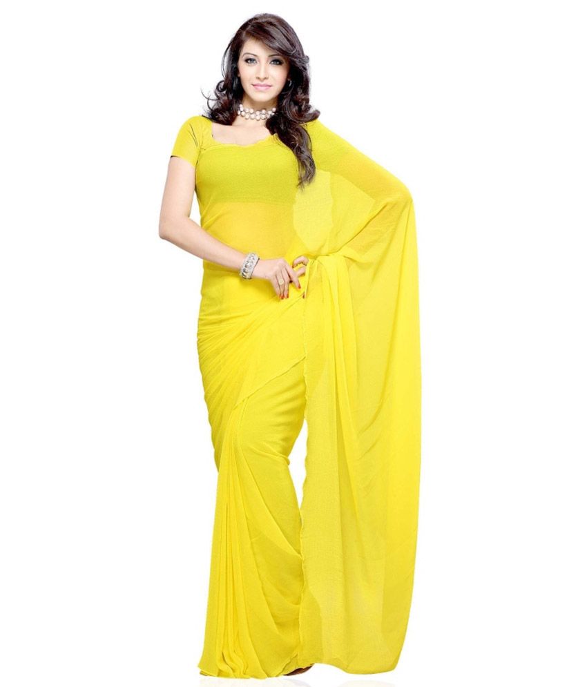 plain yellow chiffon saree
