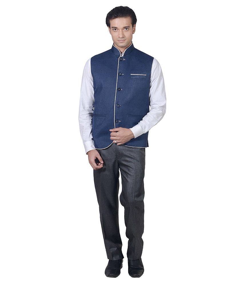 Amafhh Blue Linen Sleeveless Casual Nehru Jackets - Buy Amafhh Blue ...