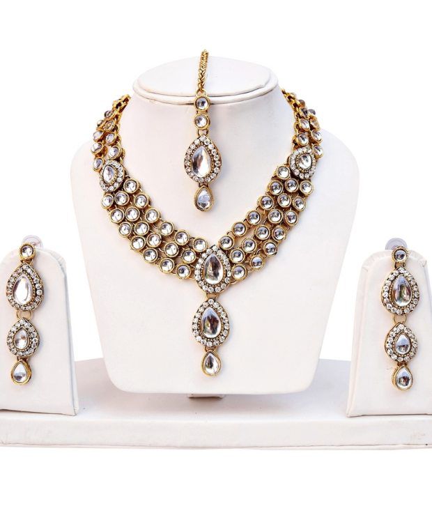 Lucky Jewellery Antique White Designer Kundan Necklace Set With Maang ...