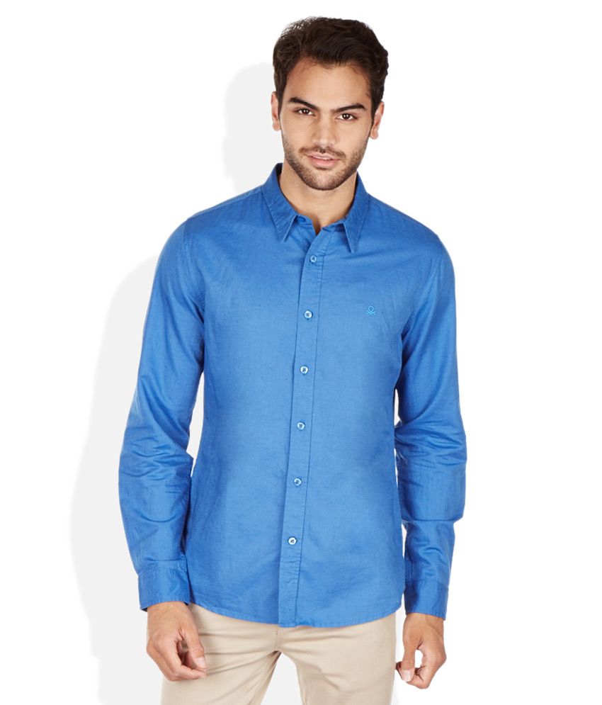 United Colors Of Benetton Blue Slim Fit Linen Blend Shirt - Buy United ...