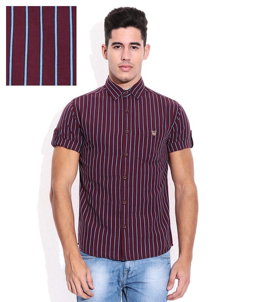 maroon white striped shirt