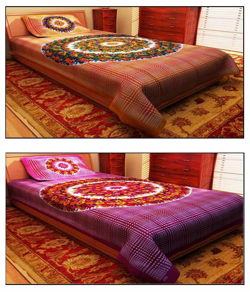 eCraftIndia Pink And Brown Cotton Single Bed Sheet Of 2) Buy