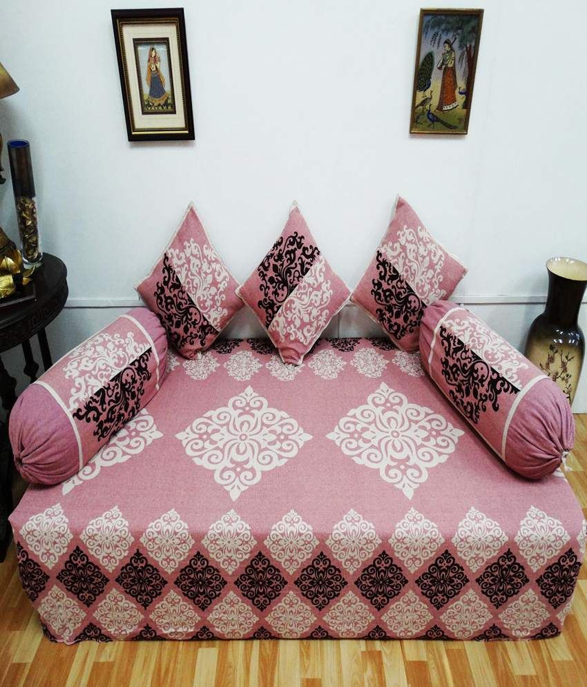 Heritagefabs Desire Pink Diwan Set (Single Bed Sheet with 3 Cushion