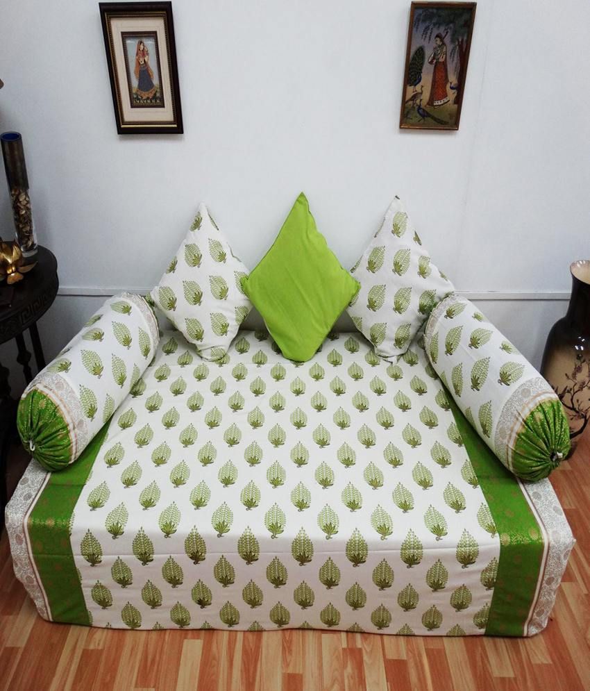 Heritagefabs Goldline Green Diwan Set (Single Bed Sheet with 3 Cushion