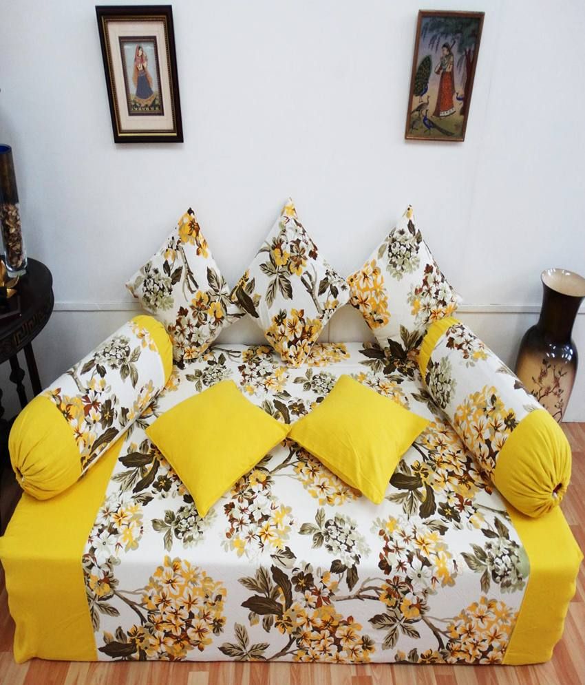 Heritagefabs Royal Touch Yellow Diwan Set (Single Bed Sheet with 5
