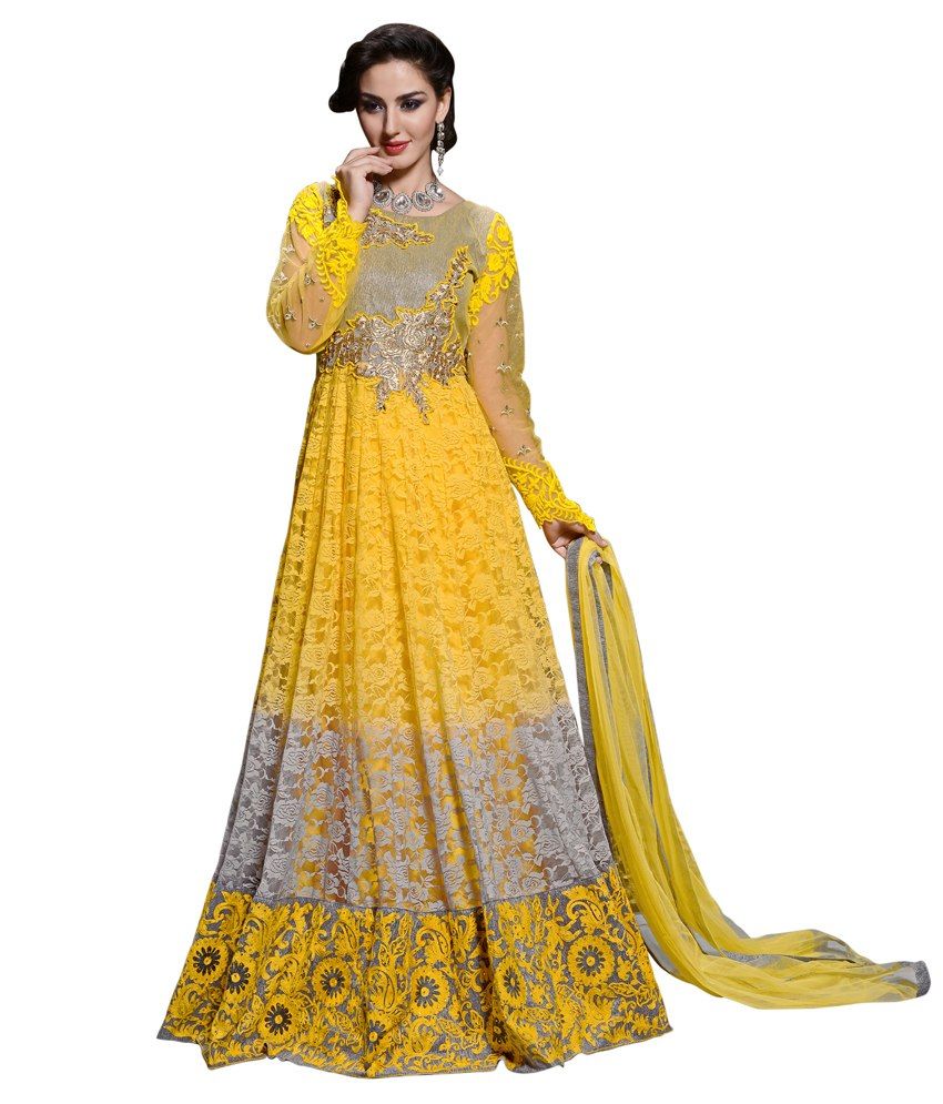 Trimurti Yellow Net Semi Stitched Dress Material Buy Trimurti Yellow