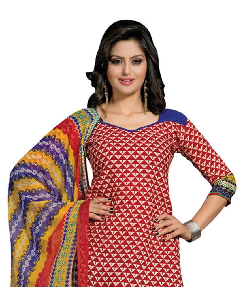 Lookslady Red and Blue Cotton Unstitched Dress Material - Buy Lookslady Red and Blue Cotton 