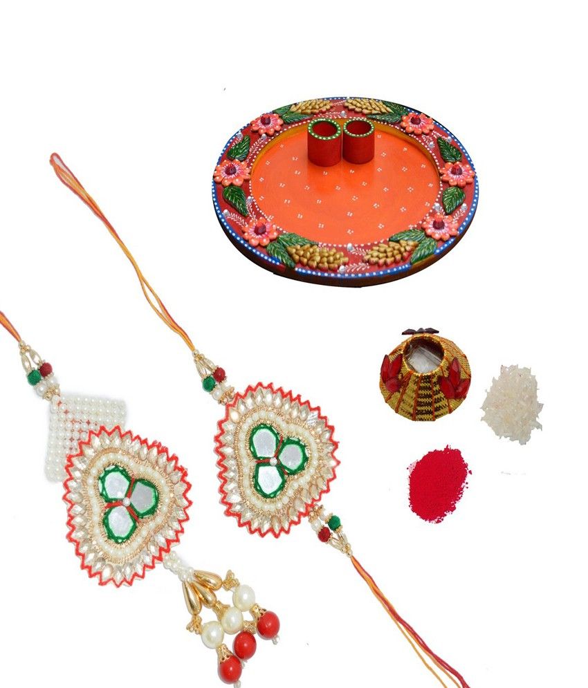     			eCraftIndia Bhaiya Bhabhi Rakhi Set with Floral Pooja Thali and Roli Tikka Matki