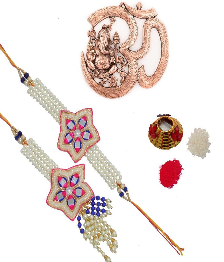     			eCraftIndia Designer Bhaiya Bhabhi Rakhi Set with Metal Wall Hanging of Lord Ganesha & Roli Tikka Matki