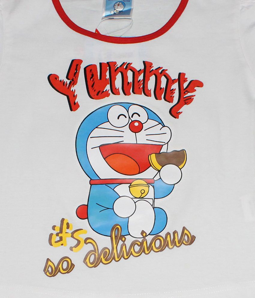 Doraemon White And Red Yummy Its Delicious Round Neck Half Sleeve Night