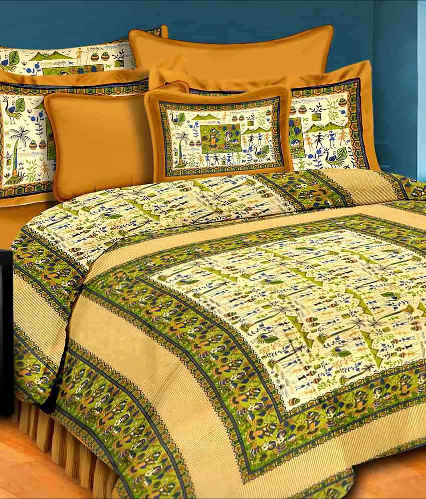     			UniqChoice Multi-Color Cotton Jaipuri Printed Double Bed Sheet With 2 Pillow Cover