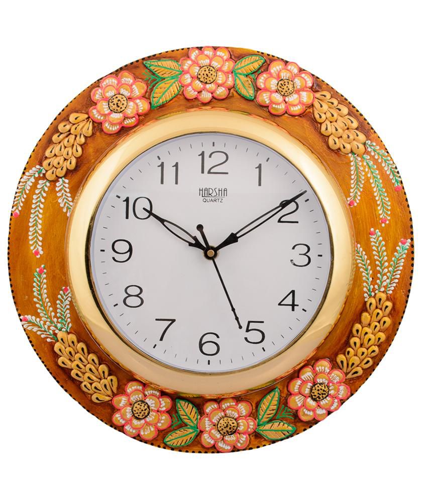     			Ecraftindia Brown and Yellow Wooden Wall Clock