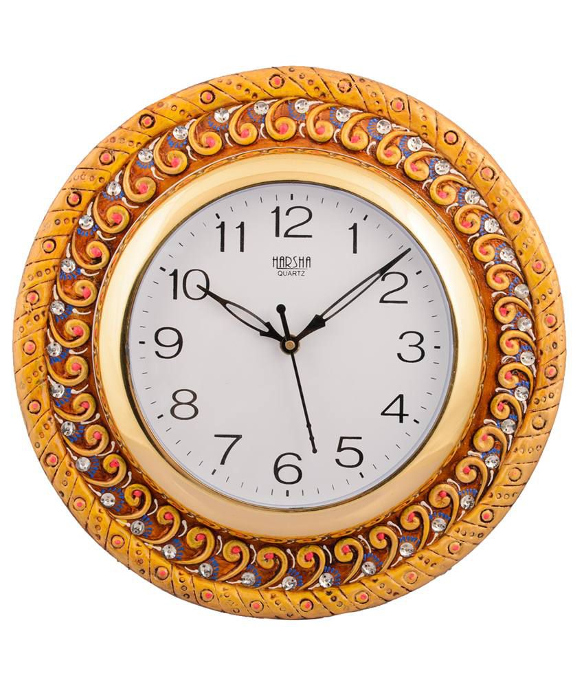     			Ecraftindia Yellow and Brown Wooden Wall Clock