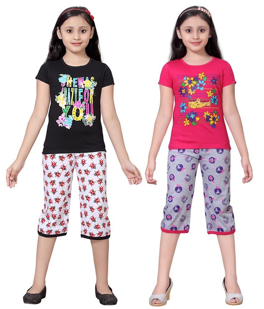     			Sini Mini Pack of 2 Girls 100% Cotton Top With Shorts ( Multicolor )