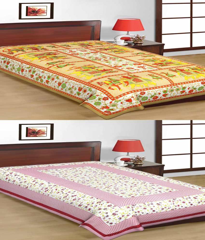     			UniqChoice Jaipuri Traditional Printed Multicolor Cotton Single Bedsheet - Combo Of 2