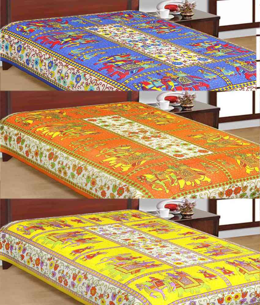     			UniqChoice jaipuri Traditional Print Cotton Three Single Bed Sheet Combo