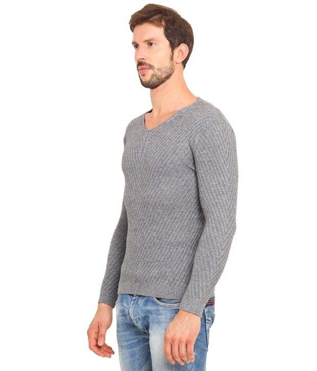 Smokestack Grey Full Sleeves Cotton Blend V-Neck Sweater - Buy ...