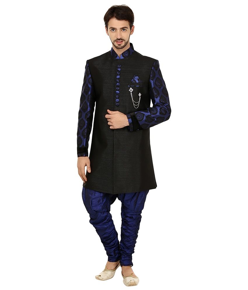 Khaan Saab Editions Black Cotton Blend Sherwani - Buy Khaan Saab ...