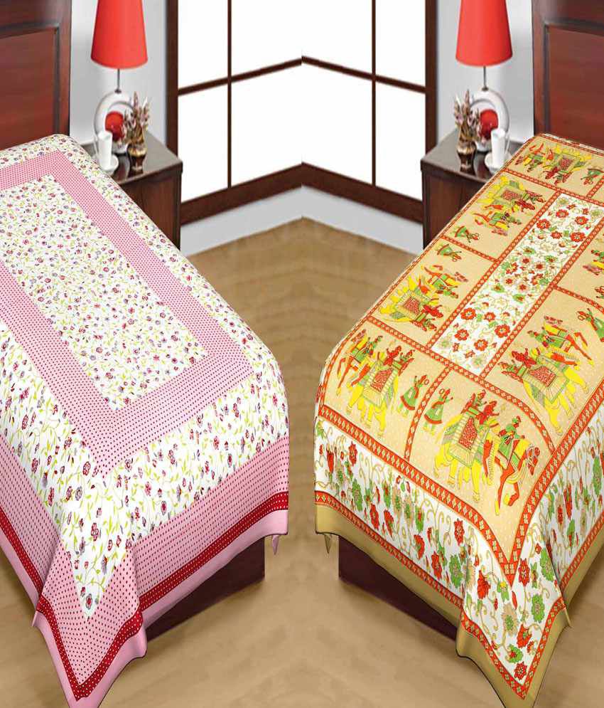     			UniqChoice Pure 100% Cotton Jaipuri Traditional Printed 2 Single Bed Sheet Combo