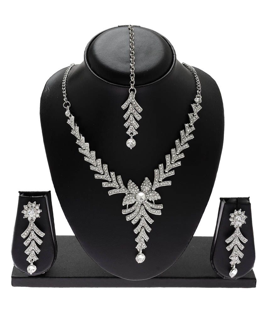 Vanshi Silver Alloy Necklace Set With Maang Tika - Buy Vanshi Silver ...