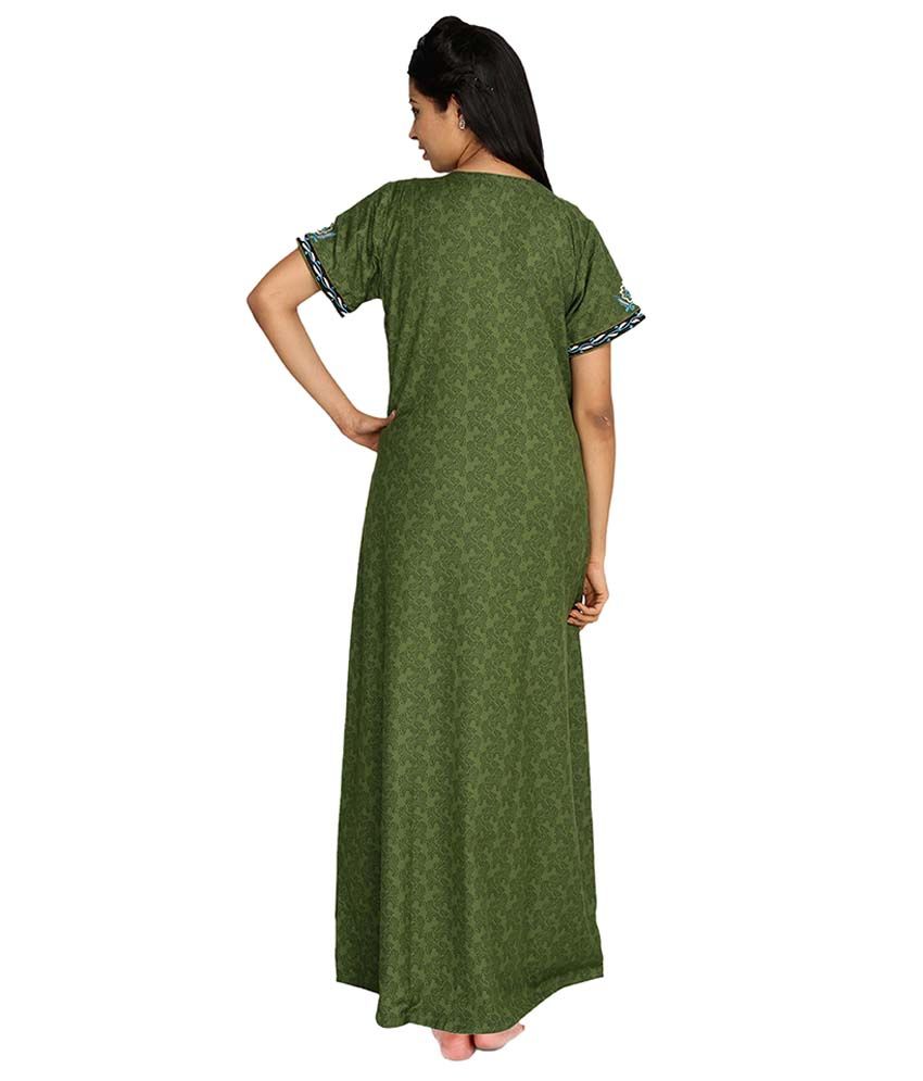 Buy SANA Green Cotton Nighty Embroidered Half Sleeves Non Transparent ...