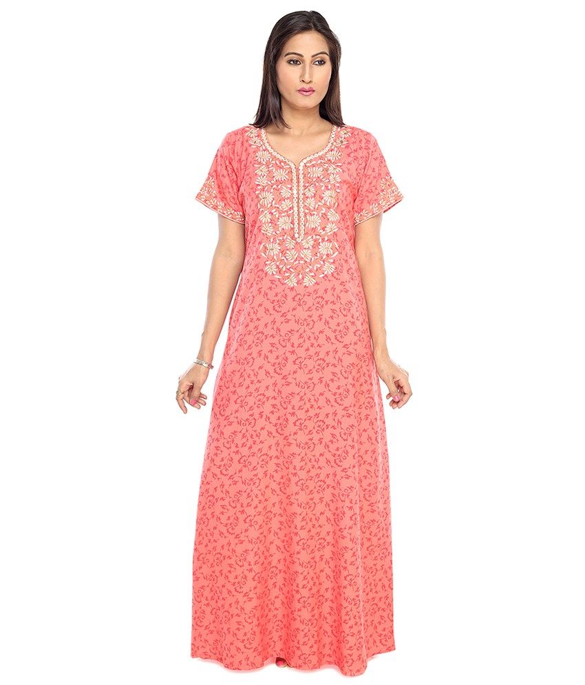 Buy SANA Pink Cotton Nighty Embroidered Half Sleeves Non Transparent ...