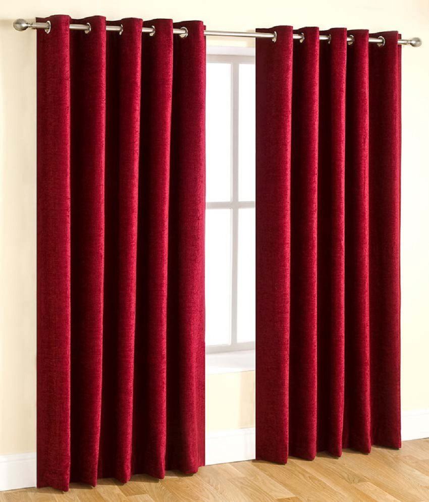 Matkawala Handloom House Set of 2 Window Eyelet Curtains Solid Red