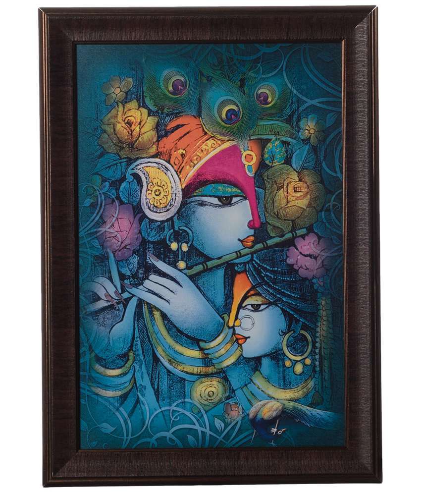     			eCraftIndia Pack of 3 Blue Krishna Playing Flute Satin Framed UV Art Print Painting