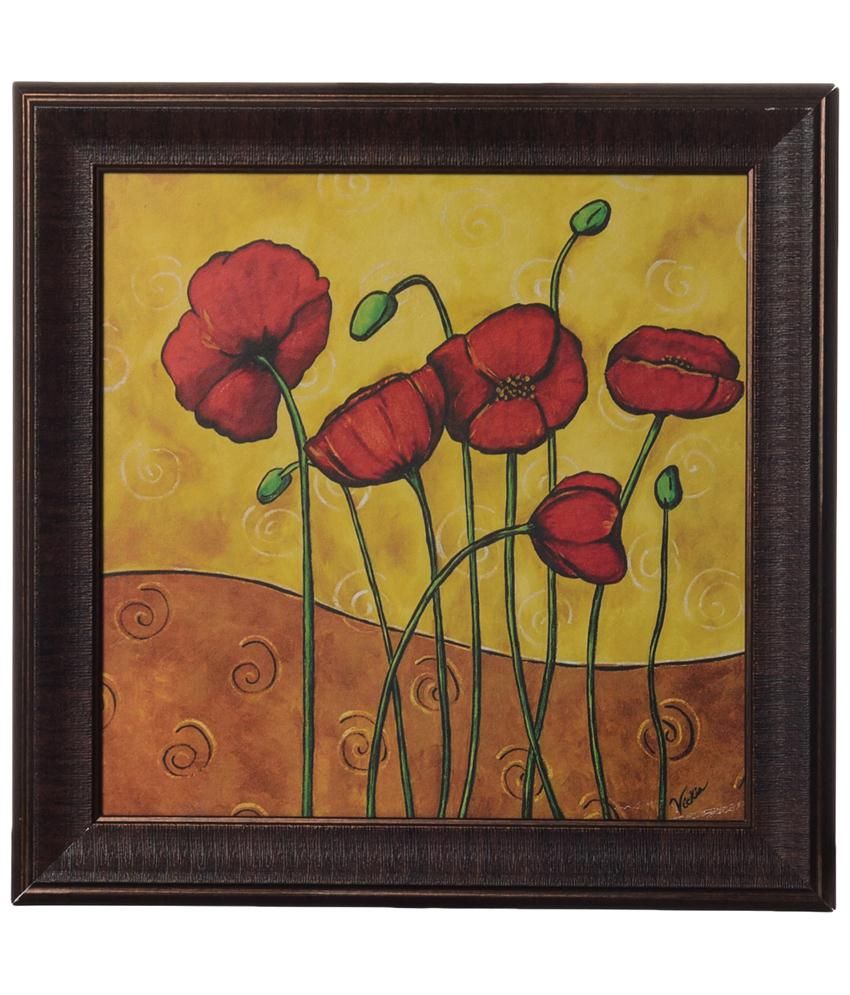     			eCraftIndia Yellow & Red Floral Satin Framed UV Art Print Painting