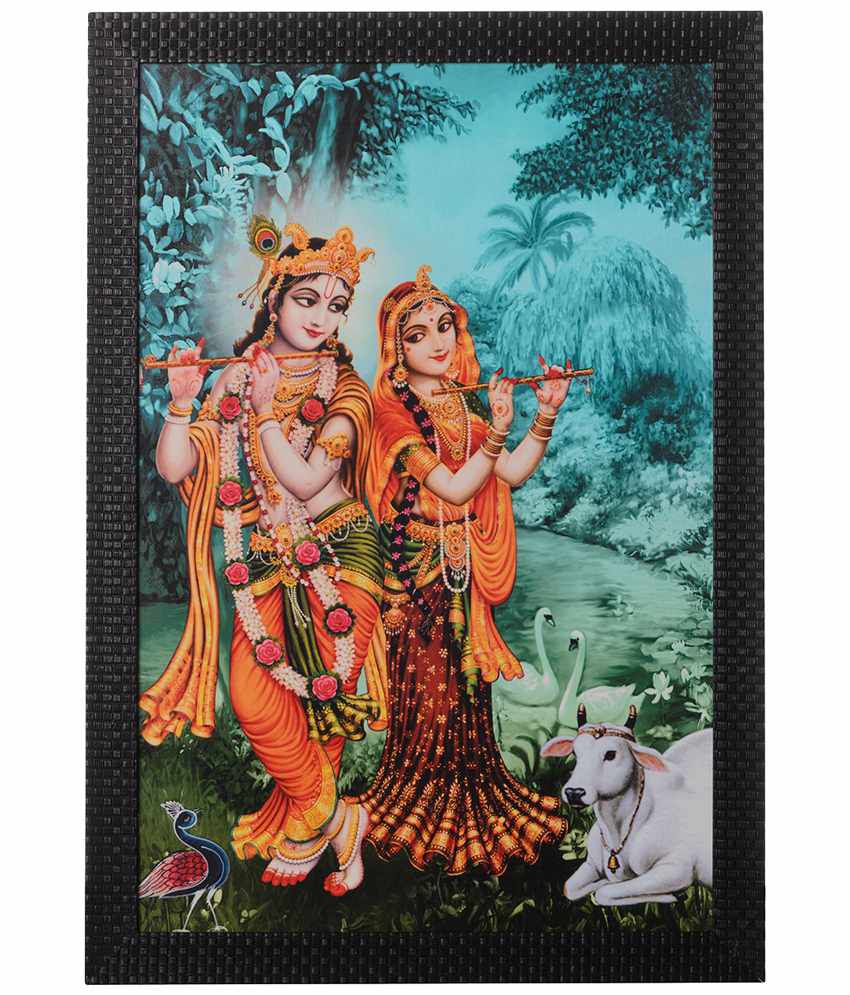     			eCraftIndia Blue & Orange Radha Krishna Satin Framed UV Art Print Painting